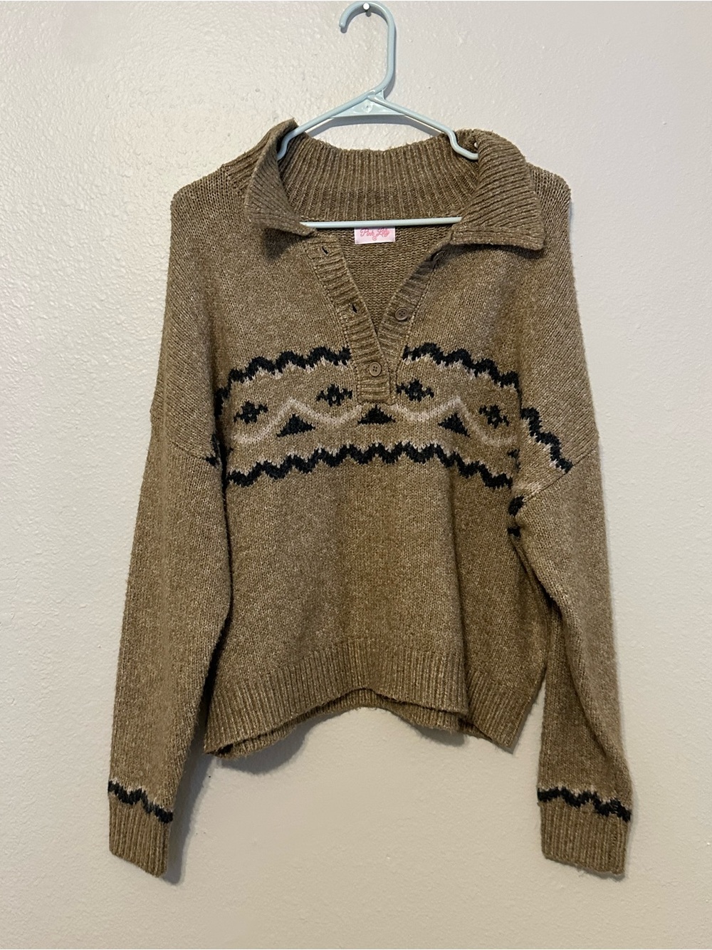 Pink Lily Brown Knit Cowl Pullover with Black Pattern